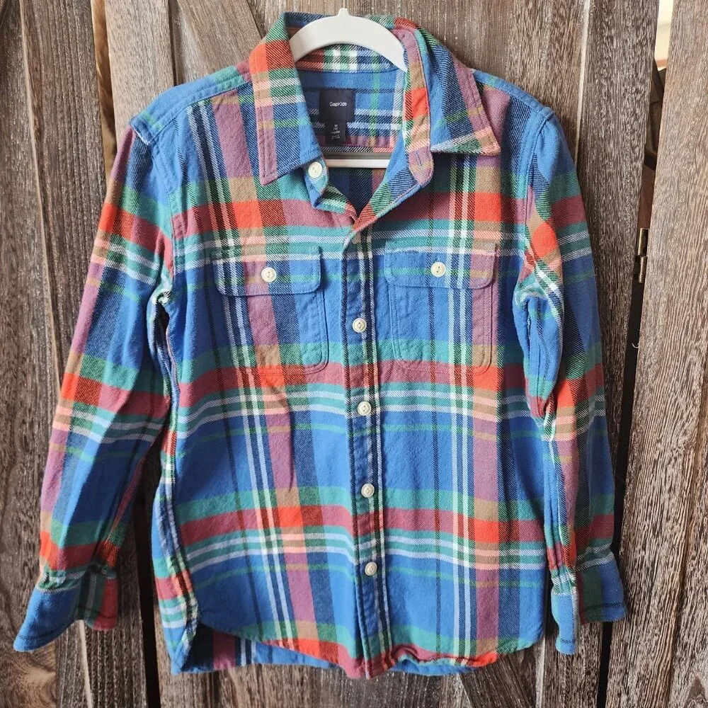 GapKids Blue Plaid Button-up Long Sleeve Heavyweight Flannel Shirt Size 8 Medium